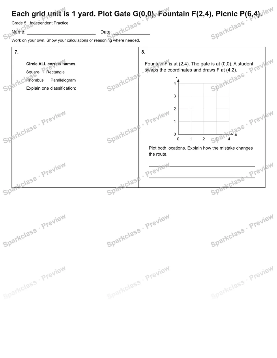 Each grid unit is 1 yard. Plot Gate G(0,0), Fountain F(2,4), Picnic P(6,4). — Independent Practice — page 2