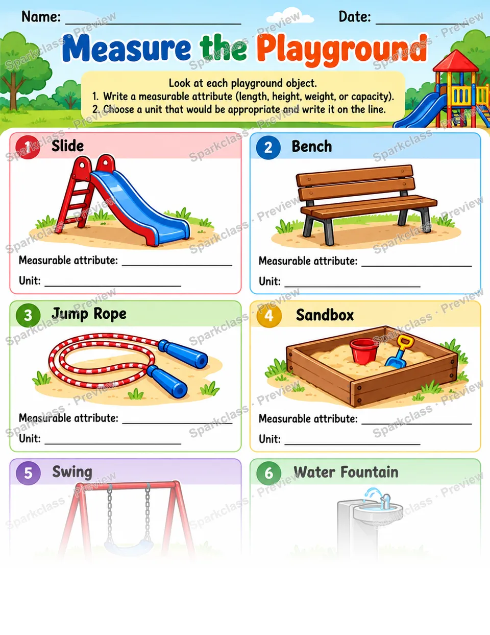 Measure The Playground — Grade 1 worksheet preview