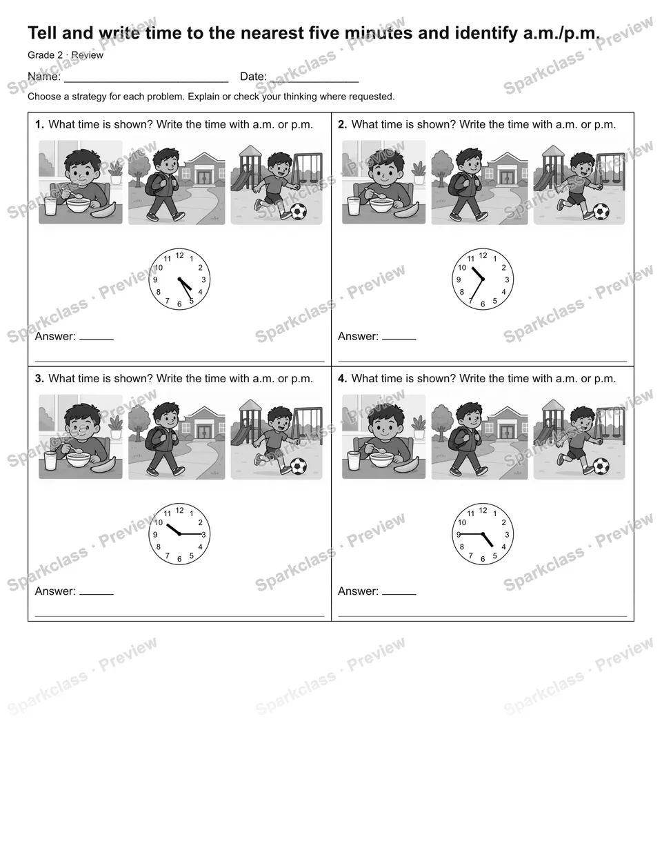 Tell and write time to the nearest five minutes and identify a.m./p.m. — Review — Grade 2 worksheet preview