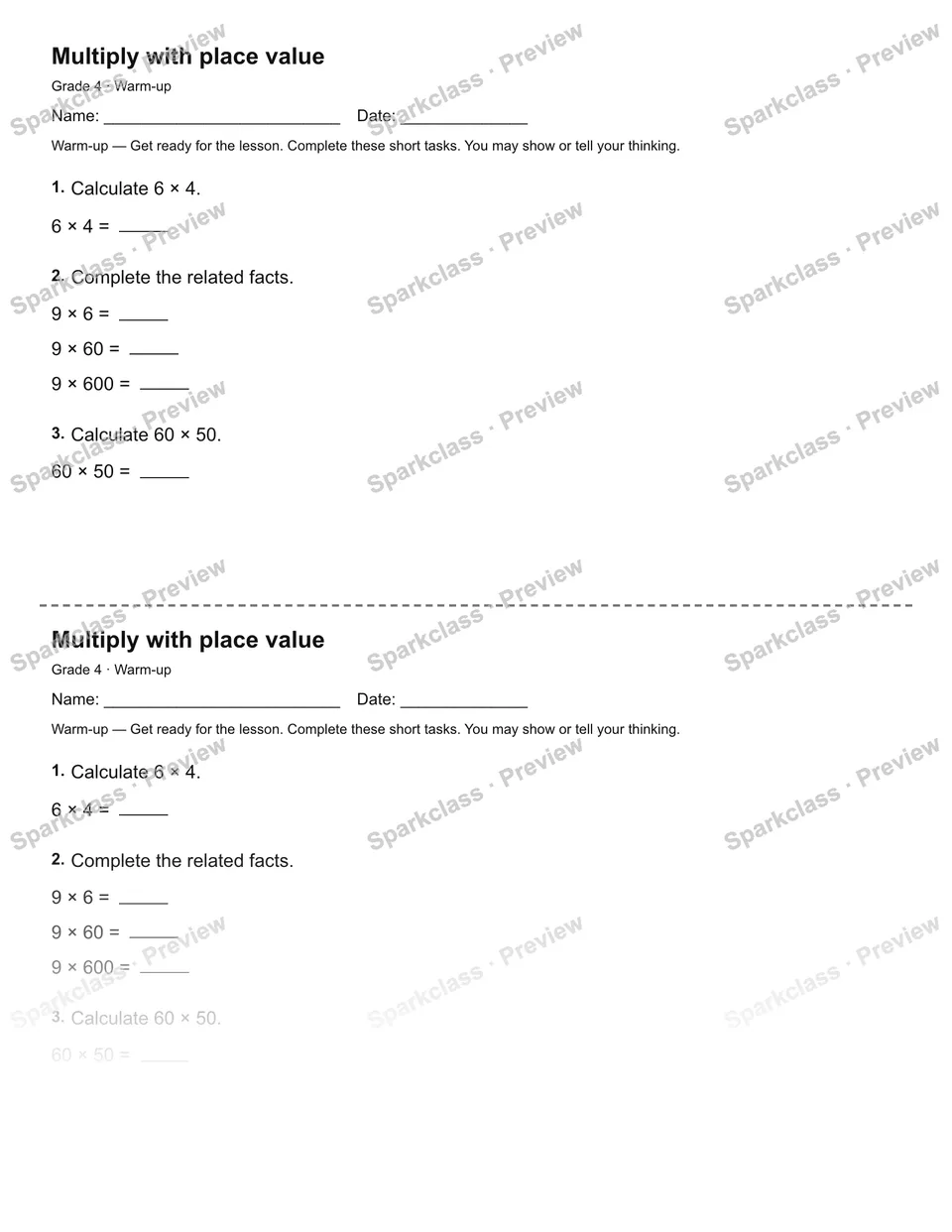 Multiply with place value — Warm-up — Grade 4 worksheet preview