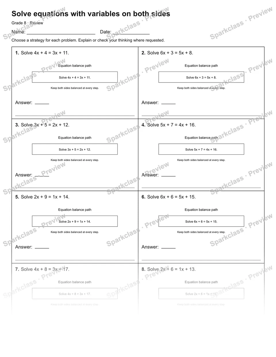 Solve equations with variables on both sides — Review — Grade 8 worksheet preview
