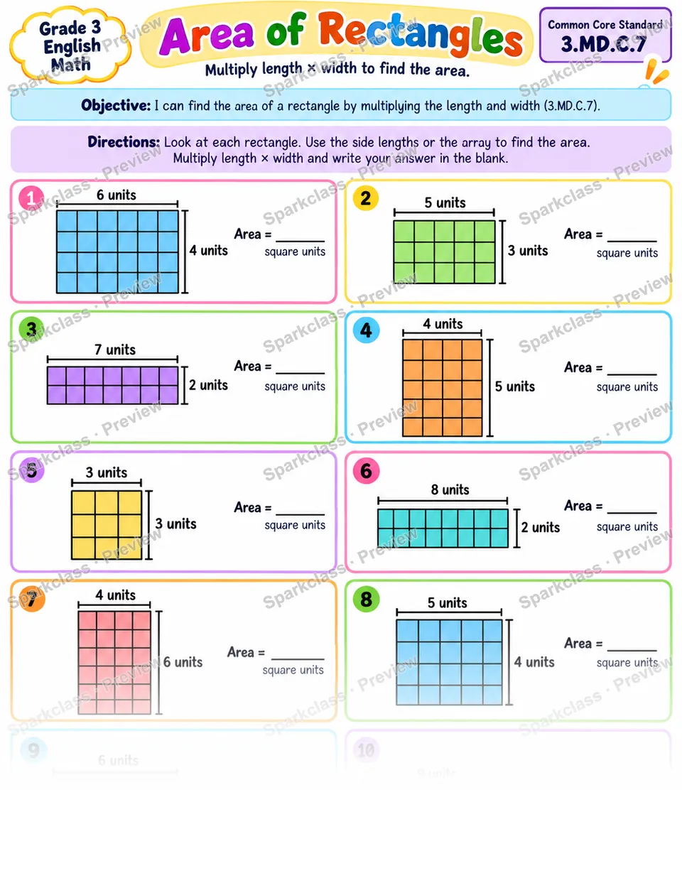 Rectangle Area Multiplication 01 — Grade 3 worksheet preview