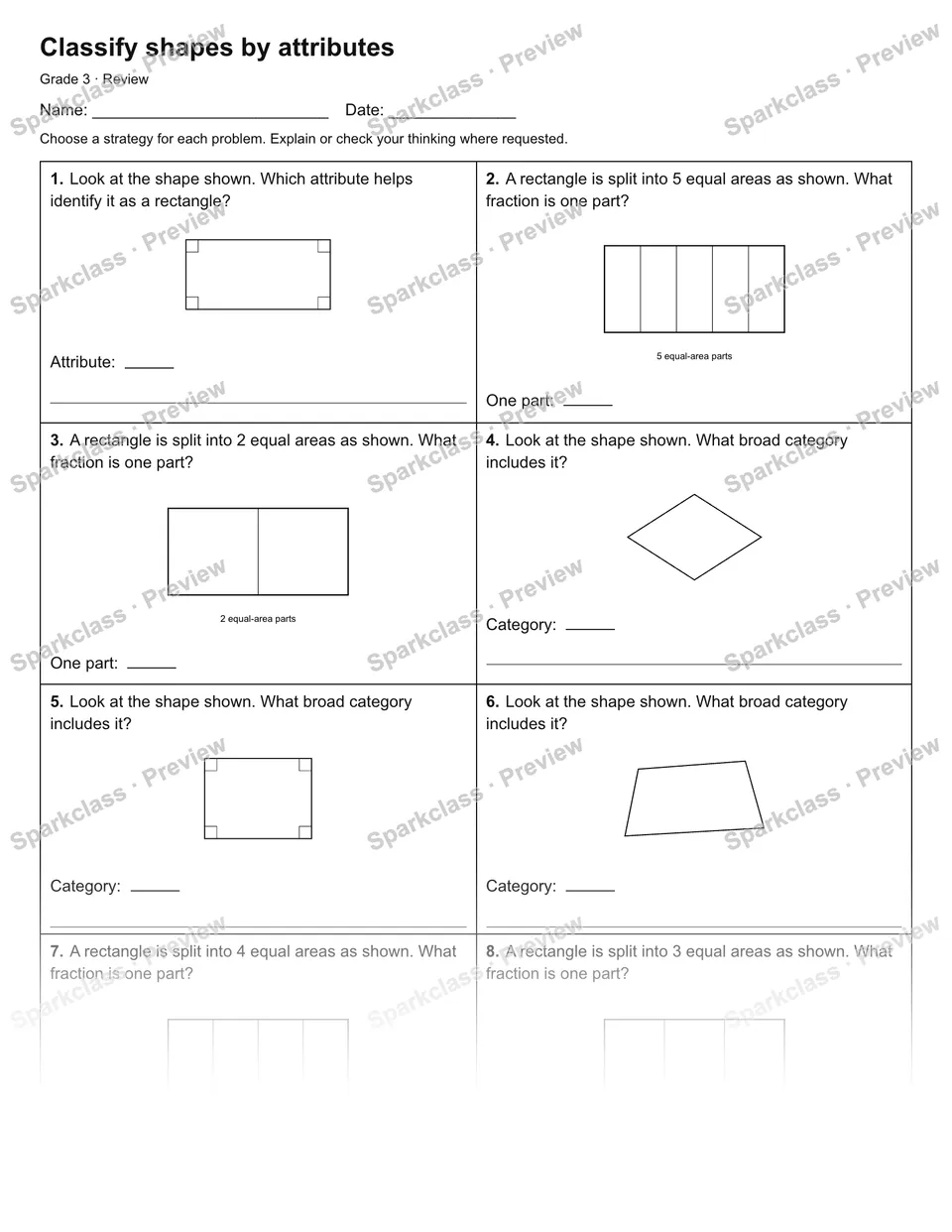 Classify shapes by attributes — Review — Grade 3 worksheet preview