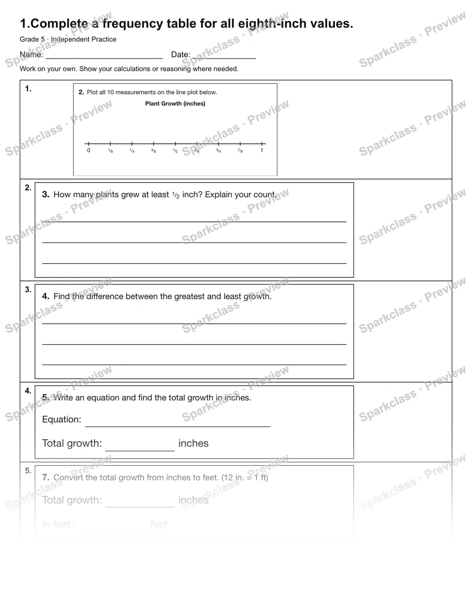 1.Complete a frequency table for all eighth-inch values. — Independent Practice — Grade 5 worksheet preview