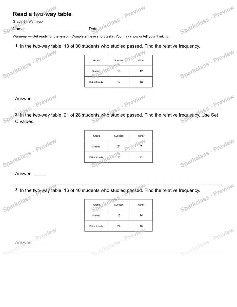 Read a two-way table — Warm-up — page 2