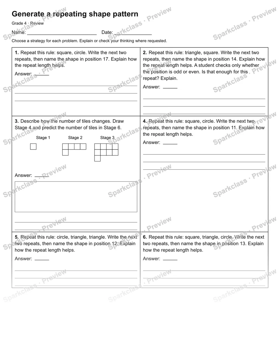Generate a repeating shape pattern — Review — Grade 4 worksheet preview
