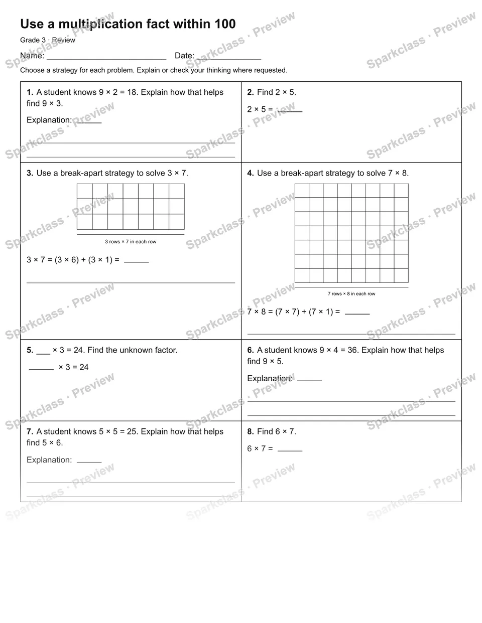 Use a multiplication fact within 100 — Review — Grade 3 worksheet preview