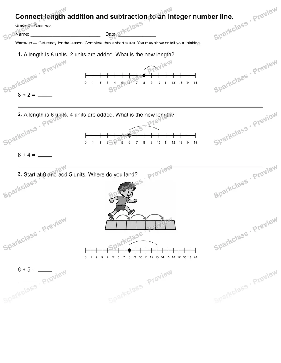 Connect length addition and subtraction to an integer number line. — Warm-up — Grade 2 worksheet preview