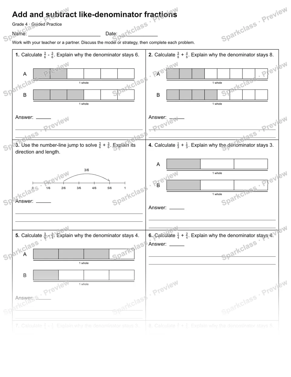 Add and subtract like-denominator fractions — Guided Practice — Grade 4 worksheet preview