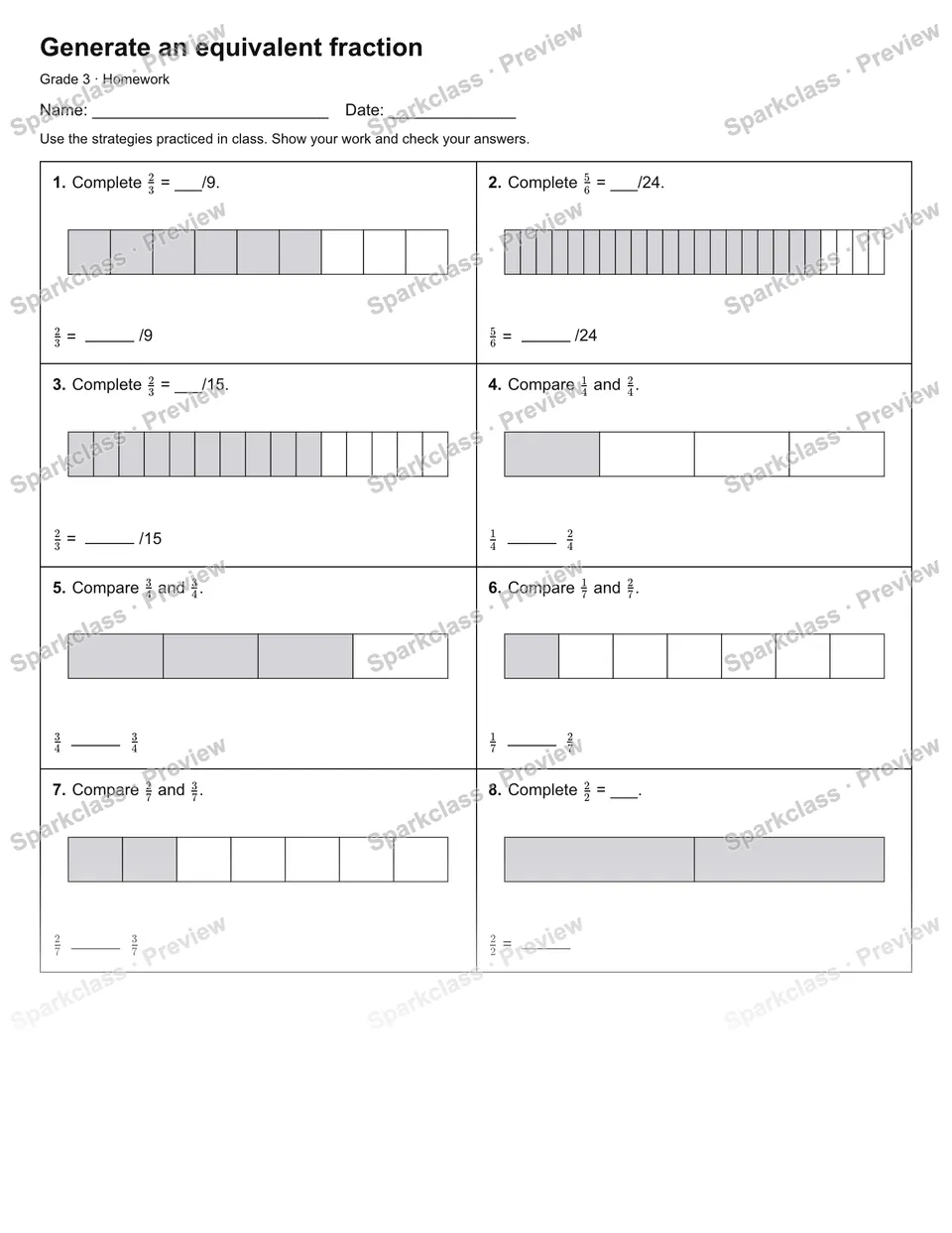 Generate an equivalent fraction — Homework — Grade 3 worksheet preview