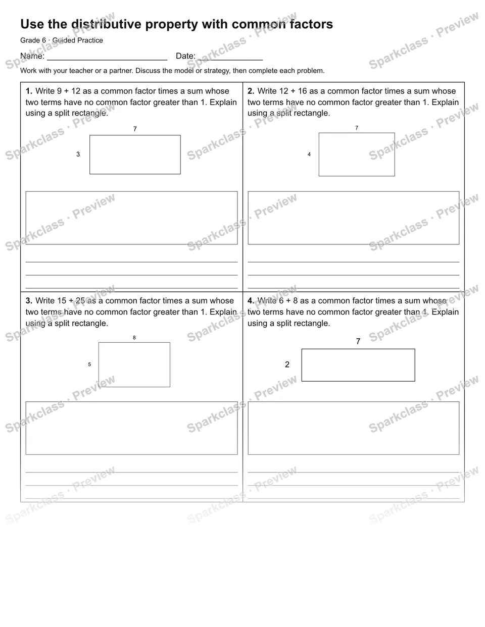 Use the distributive property with common factors — Guided Practice — Grade 6 worksheet preview
