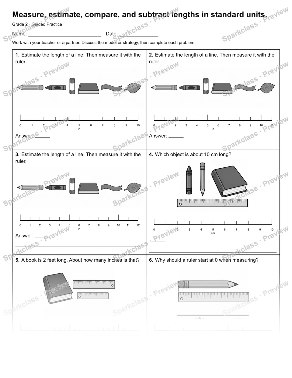 Measure, estimate, compare, and subtract lengths in standard units. — Guided Practice — Grade 2 worksheet preview