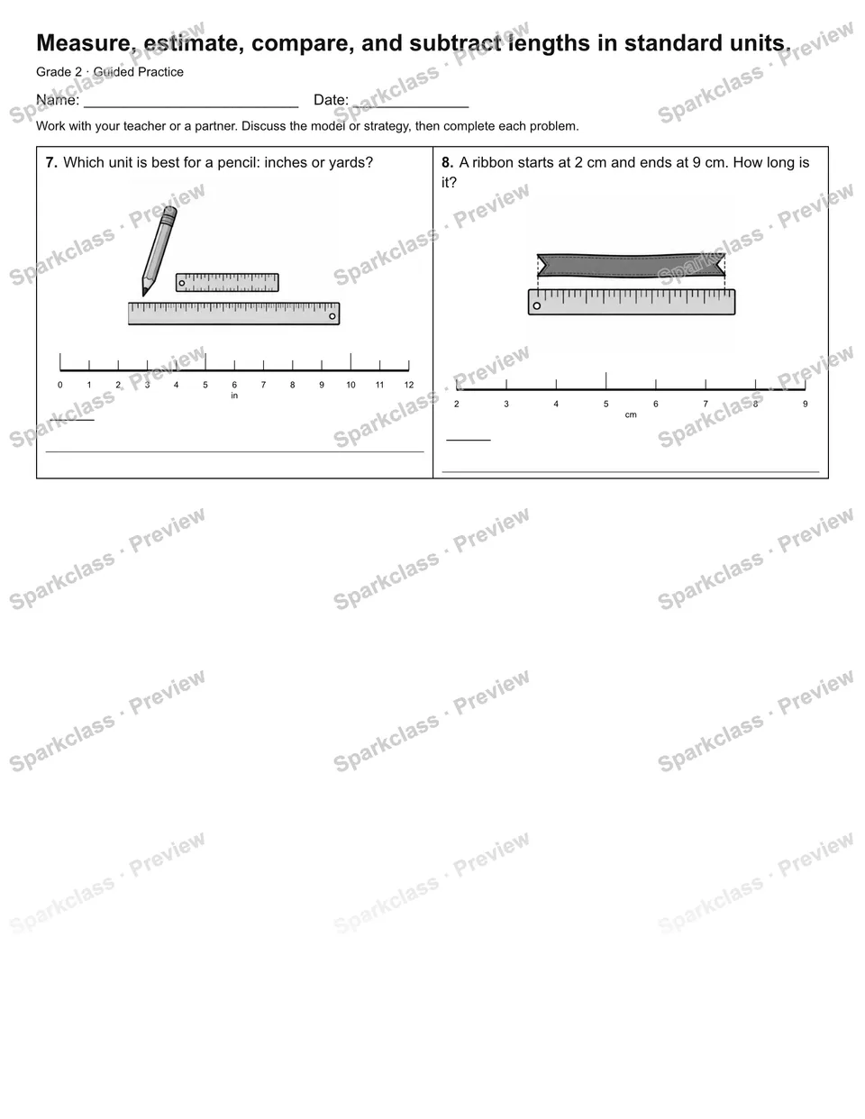 Measure, estimate, compare, and subtract lengths in standard units. — Guided Practice — page 2