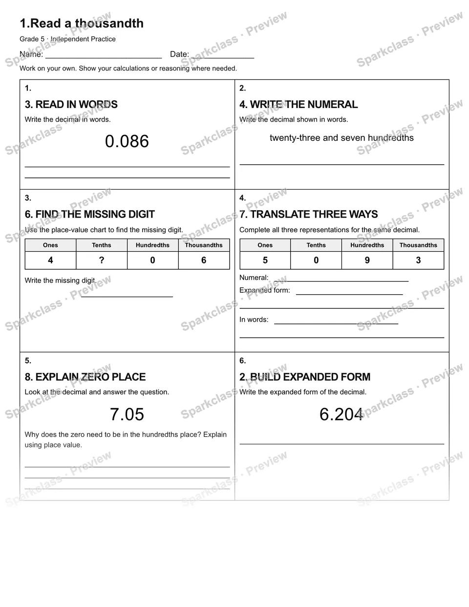 1.Read a thousandth — Independent Practice — Grade 5 worksheet preview