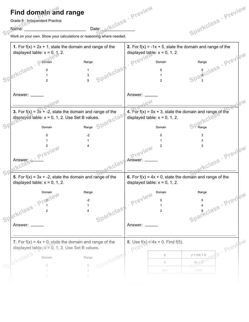 Find domain and range — Independent Practice — Grade 8 worksheet preview