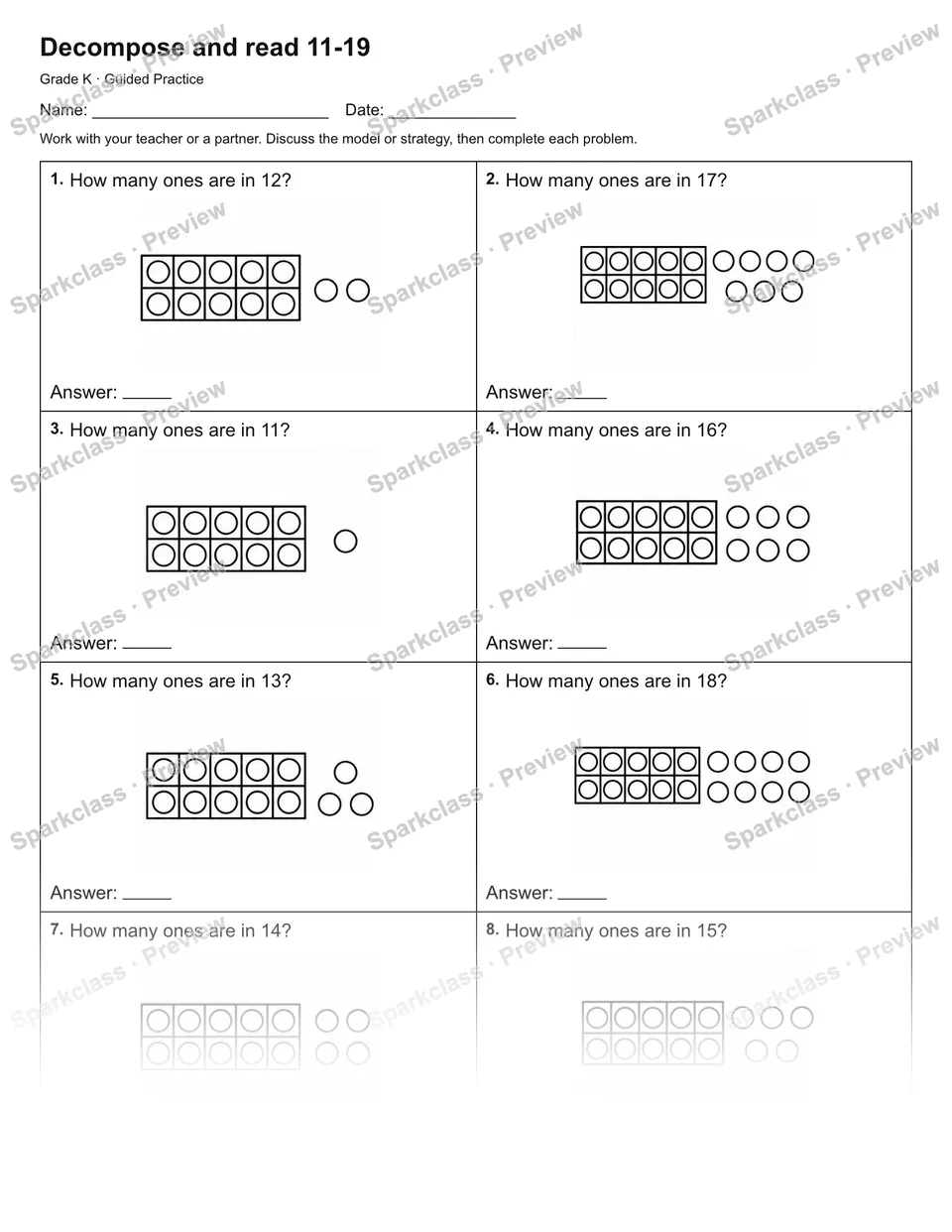 Decompose and read 11-19 — Guided Practice — Kindergarten worksheet preview