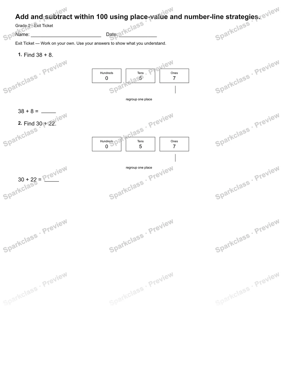 Add and subtract within 100 using place-value and number-line strategies. — Exit Ticket — Grade 2 worksheet preview