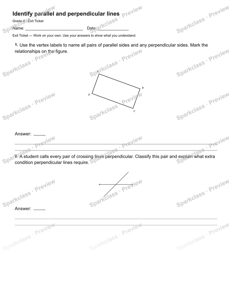 Identify parallel and perpendicular lines — Exit Ticket — Grade 4 worksheet preview