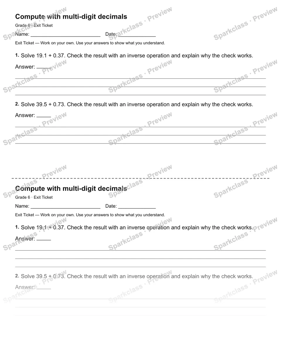 Compute with multi-digit decimals — Exit Ticket — Grade 6 worksheet preview