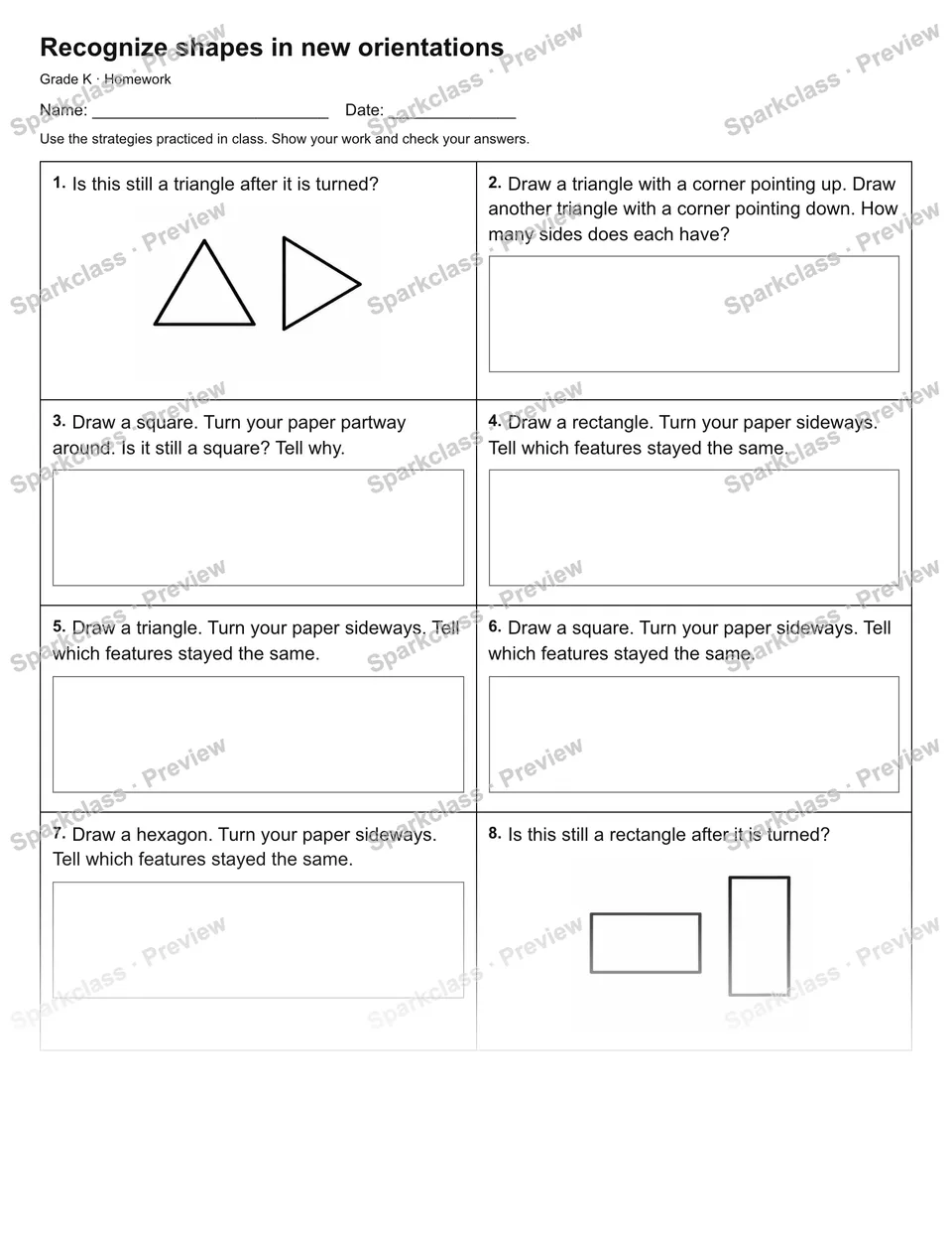 Recognize shapes in new orientations — Homework — Kindergarten worksheet preview