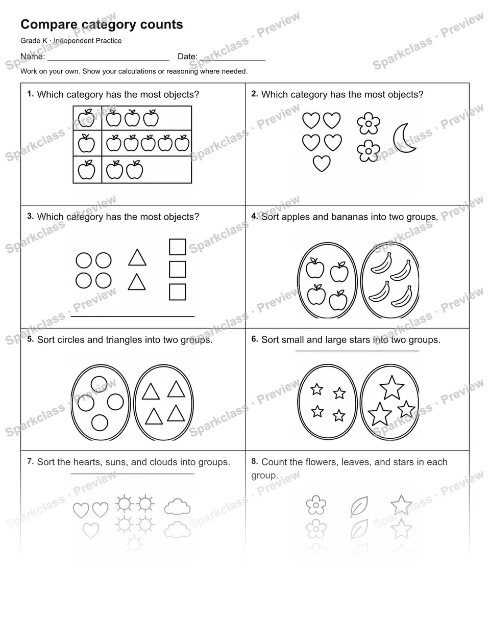 Compare category counts — Independent Practice — Kindergarten worksheet preview
