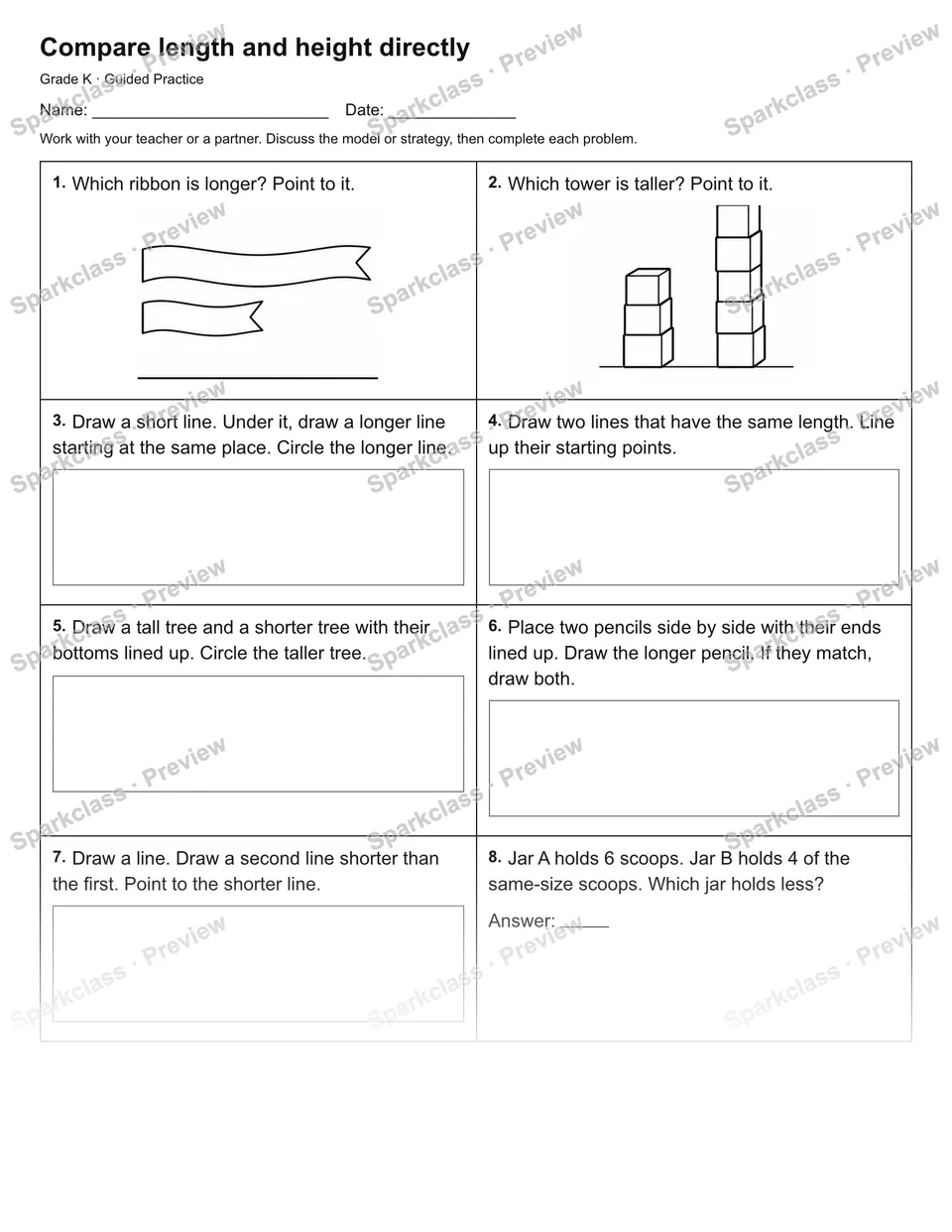 Compare length and height directly — Guided Practice — Kindergarten worksheet preview