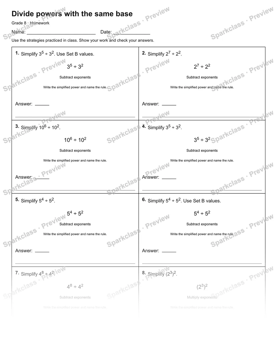 Divide powers with the same base — Homework — Grade 8 worksheet preview