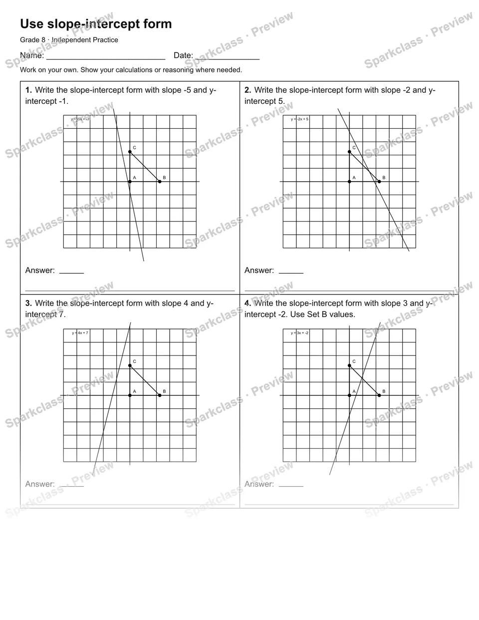 Use slope-intercept form — Independent Practice — Grade 8 worksheet preview
