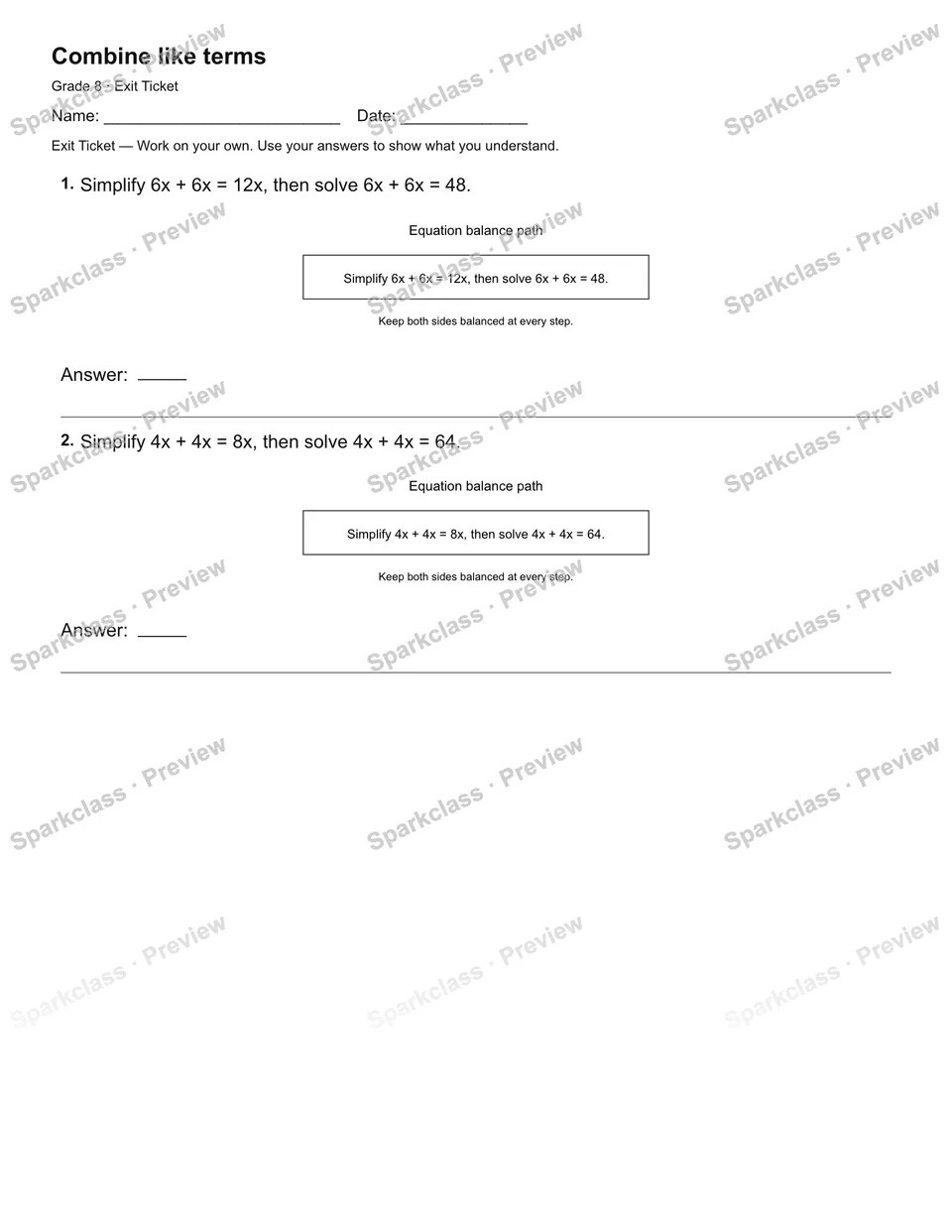 Combine like terms — Exit Ticket — page 2
