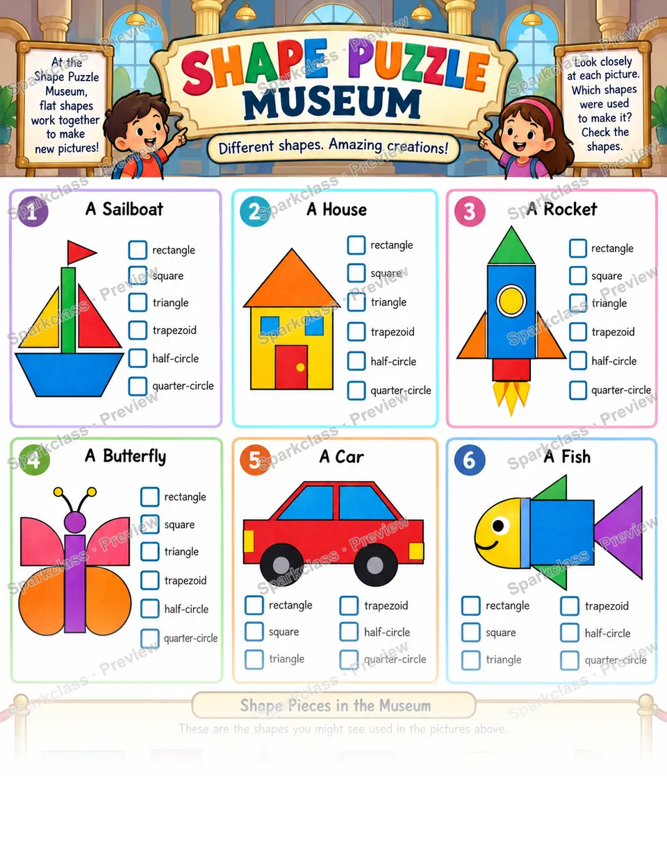 Shape Puzzle Museum — Grade 1 worksheet preview