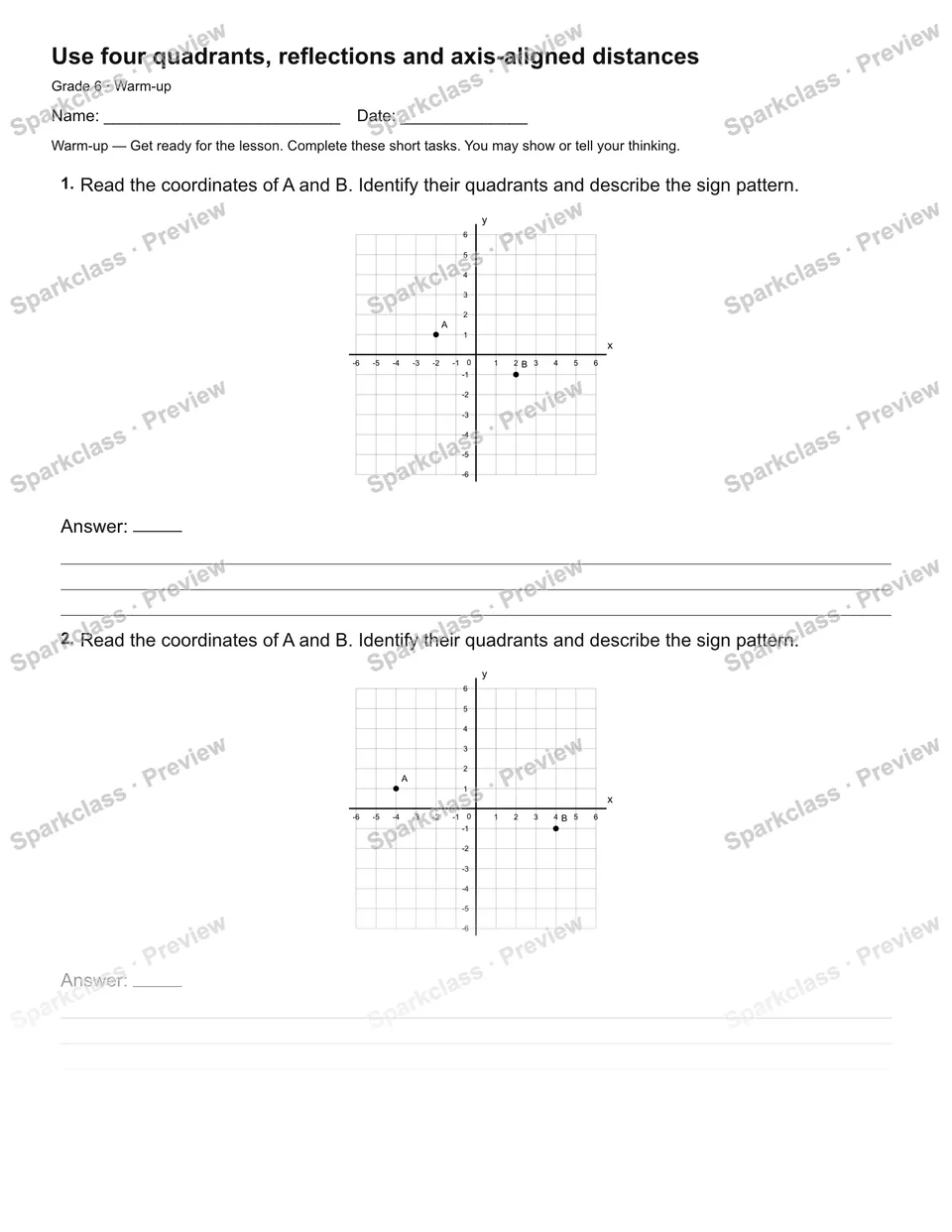 Use four quadrants, reflections and axis-aligned distances — Warm-up — Grade 6 worksheet preview