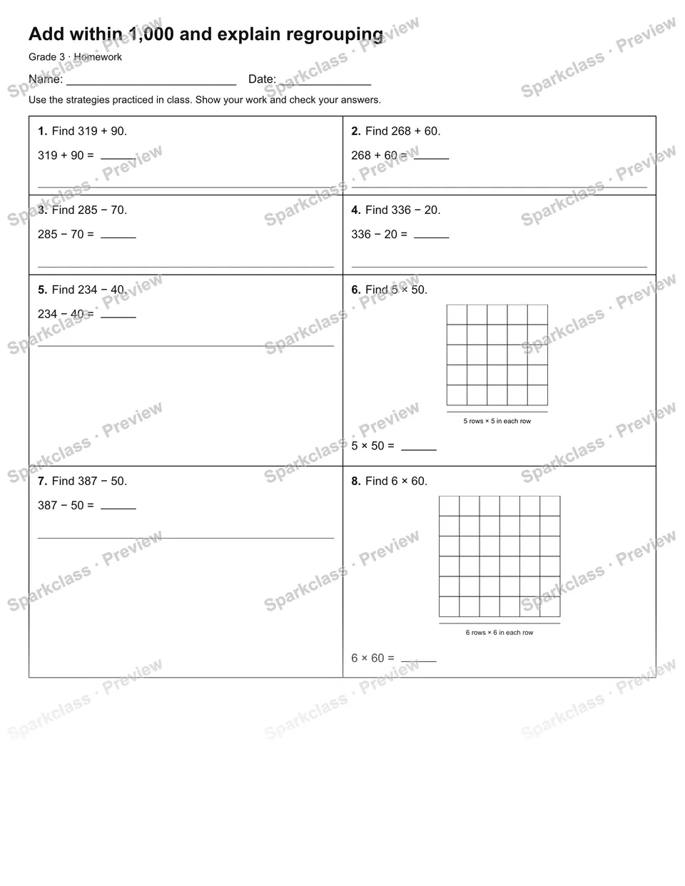 Add within 1,000 and explain regrouping — Homework — Grade 3 worksheet preview