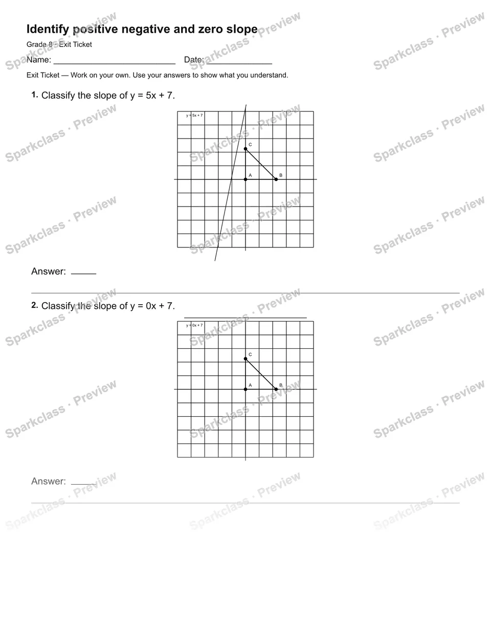 Identify positive negative and zero slope — Exit Ticket — Grade 8 worksheet preview