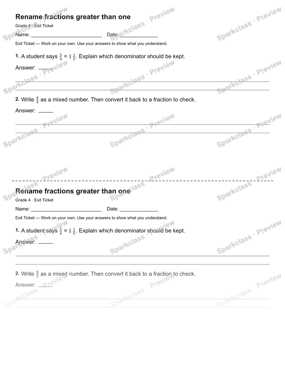 Rename fractions greater than one — Exit Ticket — Grade 4 worksheet preview