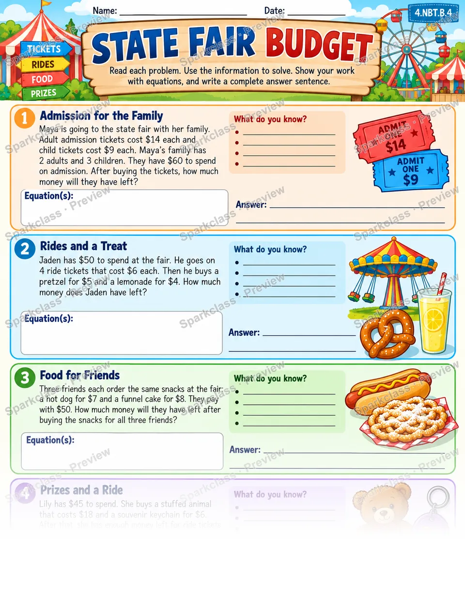 Addition and Subtraction Word Problems — Grade 4 worksheet preview