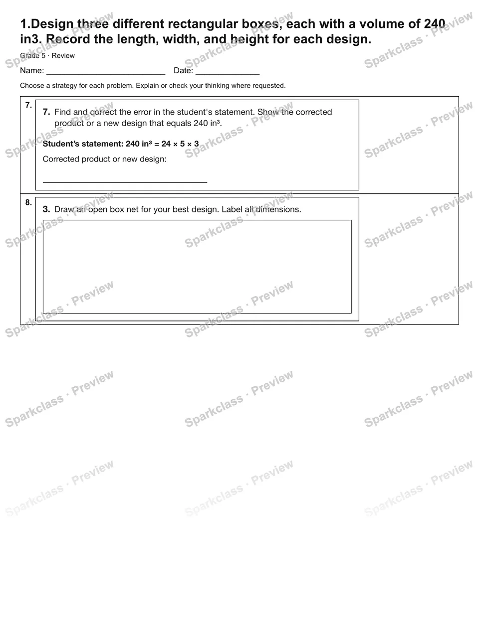 1.Design three different rectangular boxes, each with a volume of 240 in3. Record the length, width, and height for each design. — Review — page 3