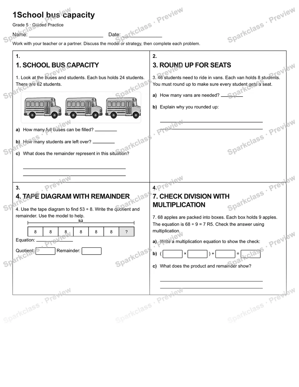 1School bus capacity — Guided Practice — Grade 5 worksheet preview