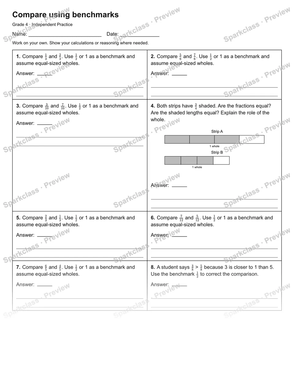 Compare using benchmarks — Independent Practice — Grade 4 worksheet preview