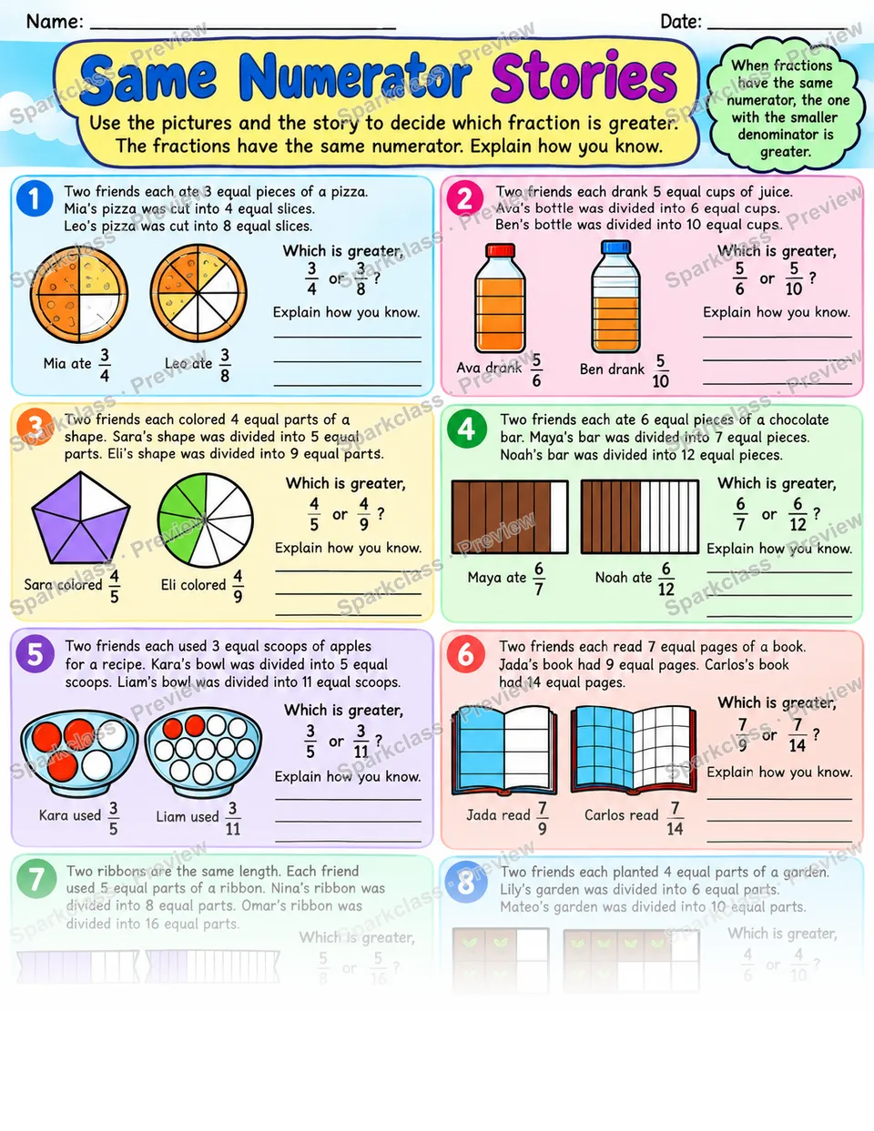 Compare Same Numerator Word Problems — Grade 3 worksheet preview