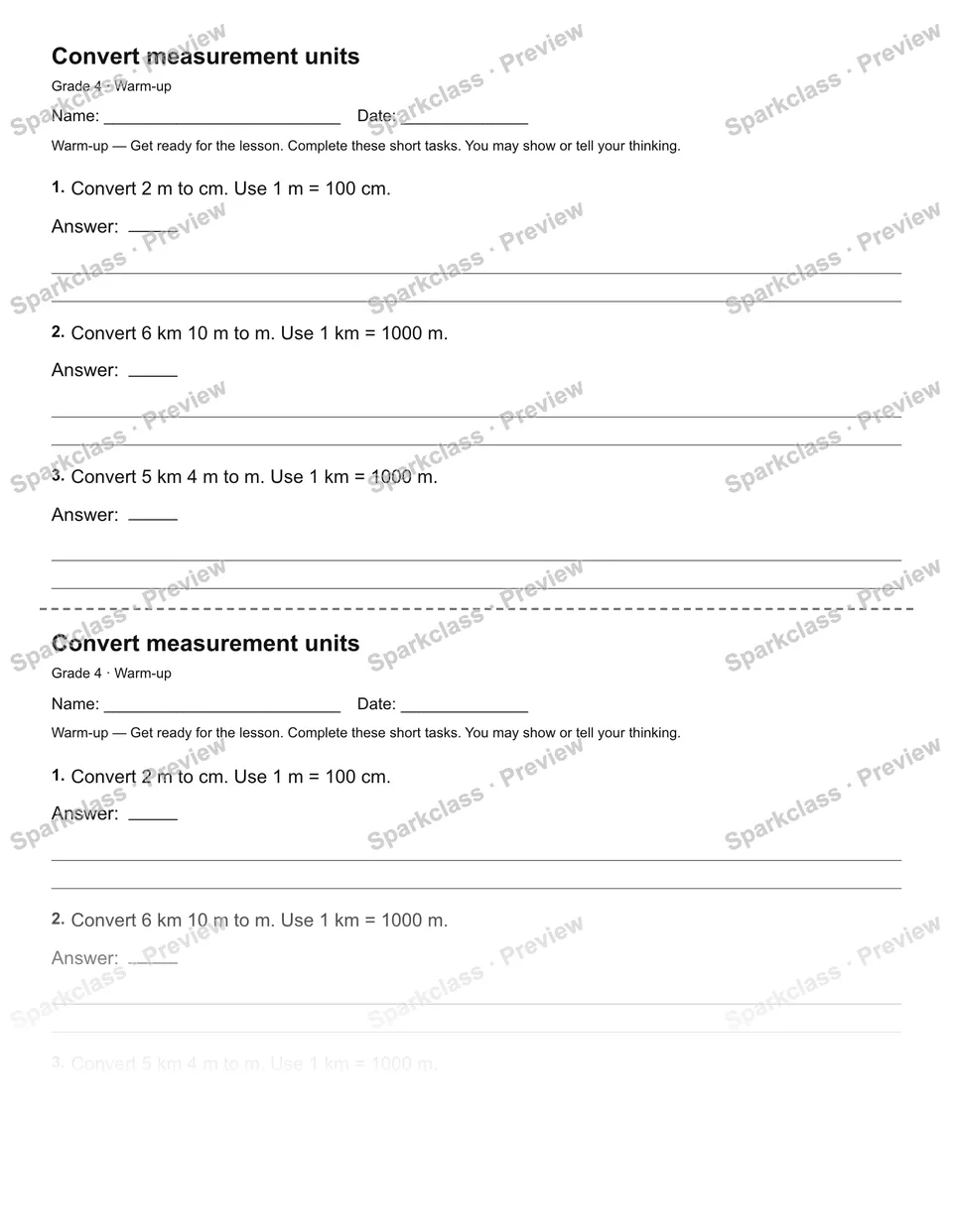 Convert measurement units — Warm-up — Grade 4 worksheet preview