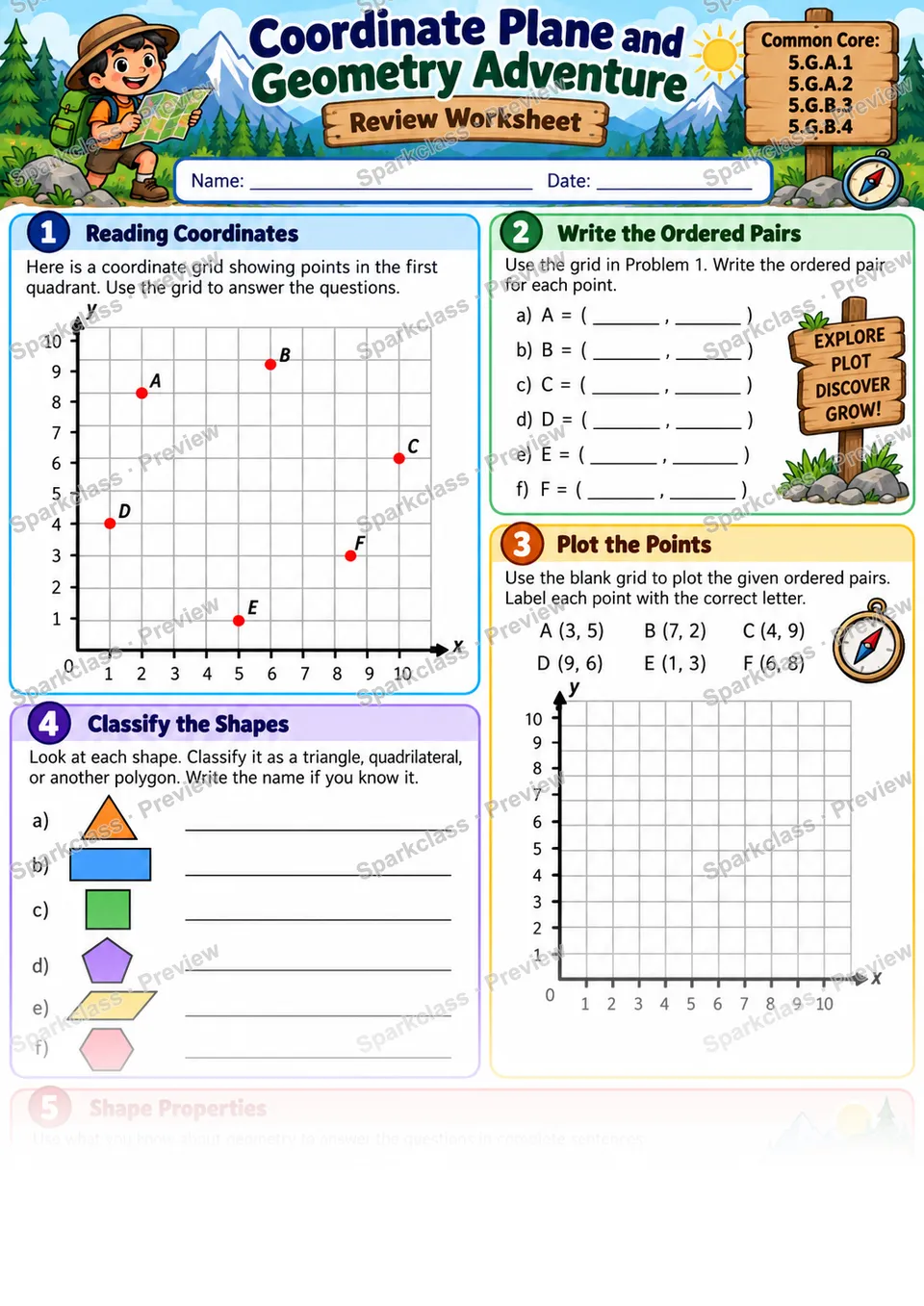 Coordinate and Geometry Review — Grade 5 worksheet preview