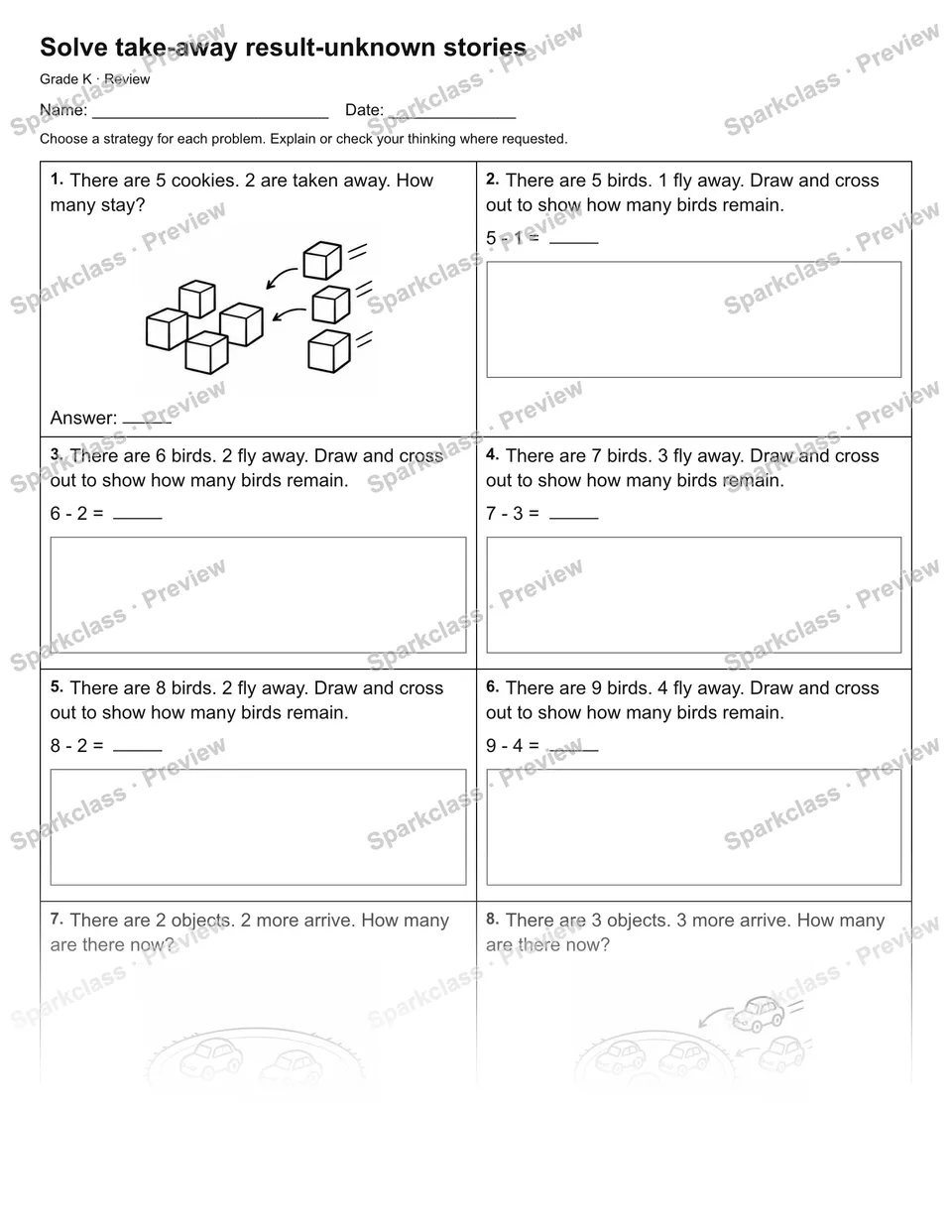 Solve take-away result-unknown stories — Review — Kindergarten worksheet preview