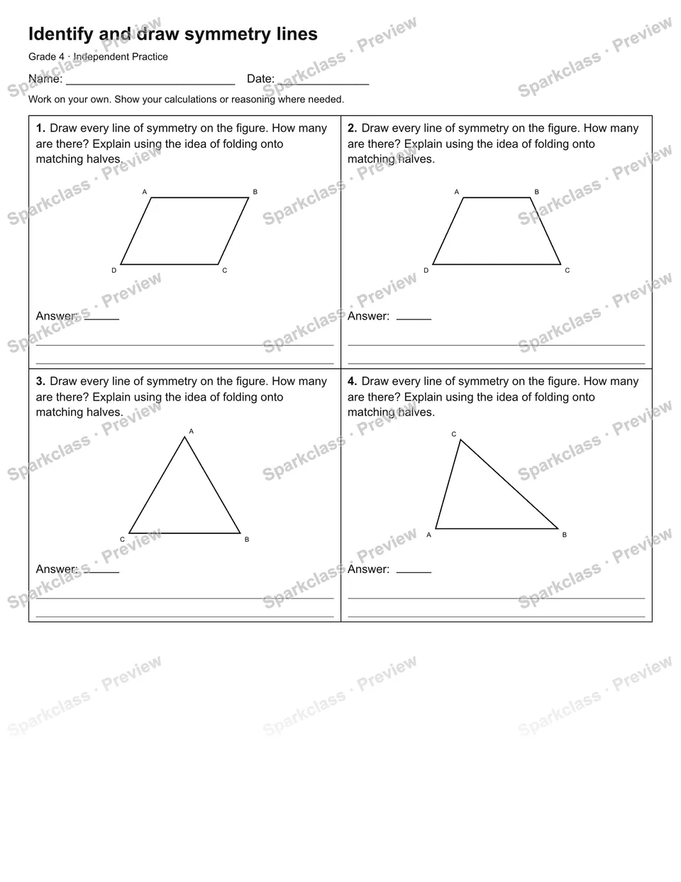 Identify and draw symmetry lines — Independent Practice — Grade 4 worksheet preview