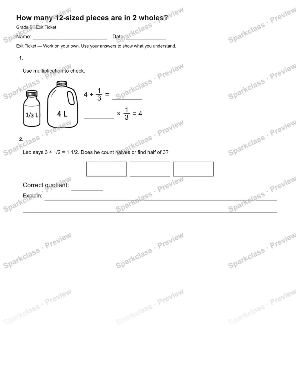How many 12-sized pieces are in 2 wholes? — Exit Ticket — Grade 5 worksheet preview