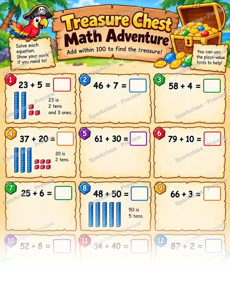 Treasure Add Within 100 — Grade 1 worksheet preview