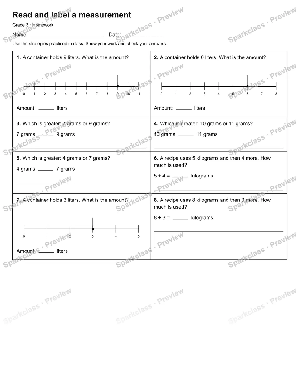 Read and label a measurement — Homework — Grade 3 worksheet preview