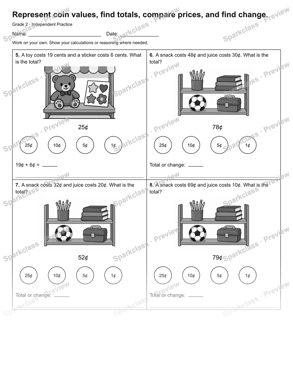 Represent coin values, find totals, compare prices, and find change. — Independent Practice — page 2