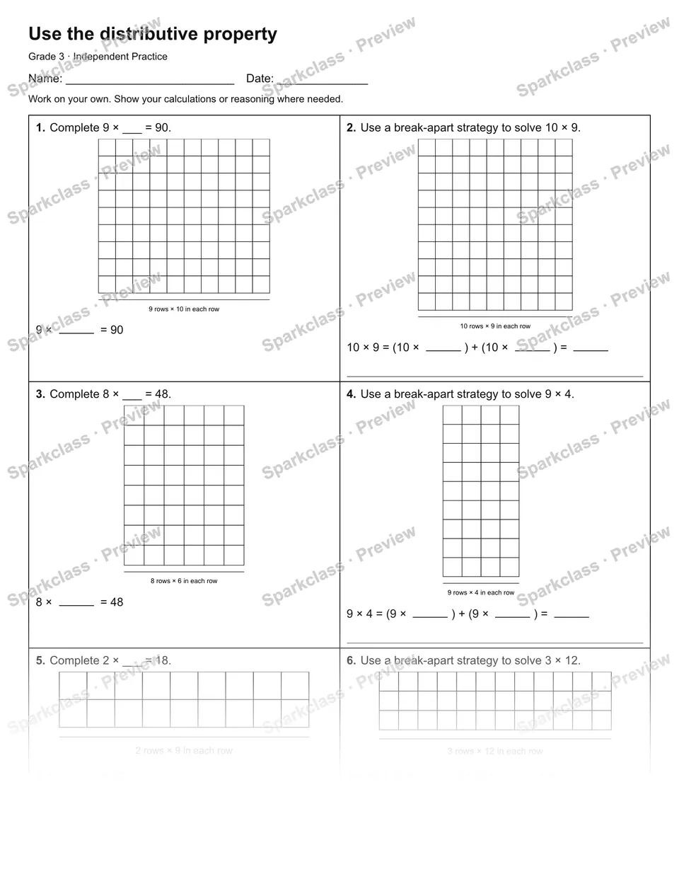 Use the distributive property — Independent Practice — Grade 3 worksheet preview