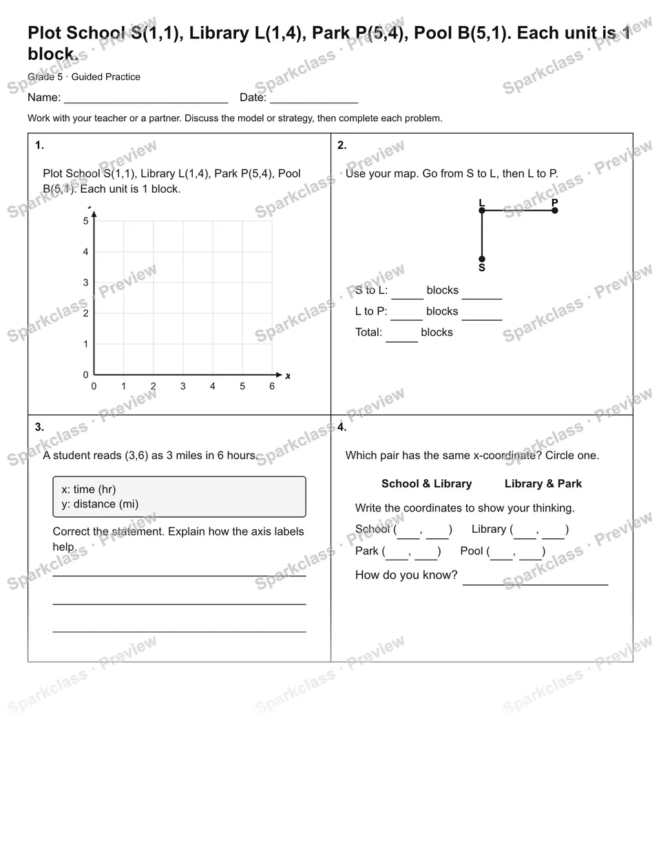 Plot School S(1,1), Library L(1,4), Park P(5,4), Pool B(5,1). Each unit is 1 block. — Guided Practice — Grade 5 worksheet preview
