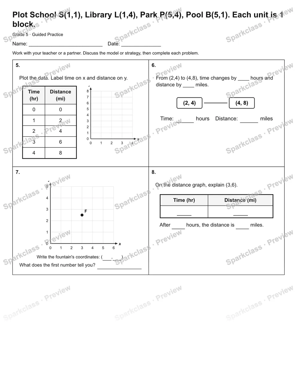 Plot School S(1,1), Library L(1,4), Park P(5,4), Pool B(5,1). Each unit is 1 block. — Guided Practice — page 2